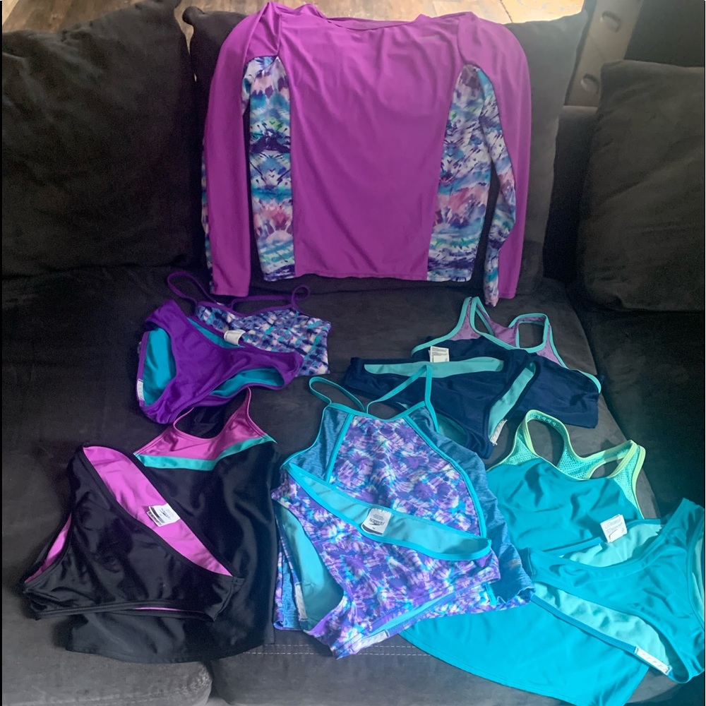 5 LOT Size 16 Like New Girls Speedo swim suites 1 Speedo XL Rash Gaurd Shirt